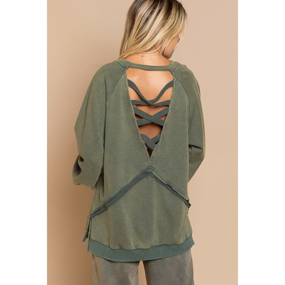 POL Olive Green Criss Cross Back Pullover | Vintage Wash French Terry Sweatshirt - Picture 9 of 11